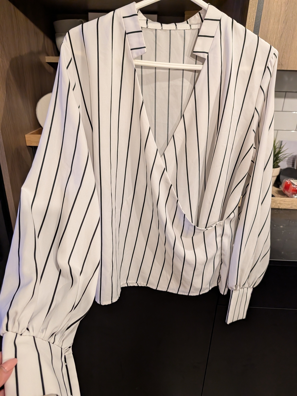 Women's White Vertical-Stripe Wrap Blouse